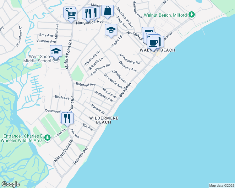 map of restaurants, bars, coffee shops, grocery stores, and more near 7 Wood Avenue in Milford