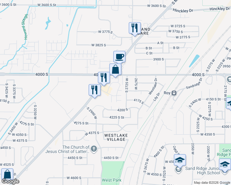 map of restaurants, bars, coffee shops, grocery stores, and more near 2782 West 4140 South in Roy