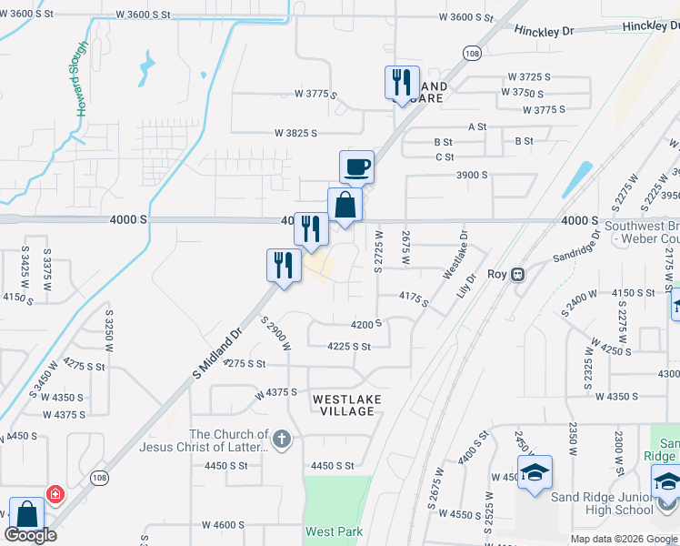 map of restaurants, bars, coffee shops, grocery stores, and more near 2782 West 4140 South in Roy