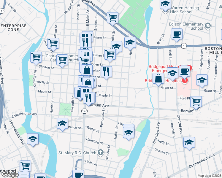 map of restaurants, bars, coffee shops, grocery stores, and more near 1048 Pembroke Street in Bridgeport