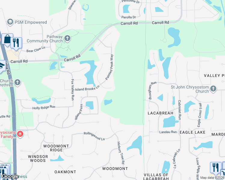 map of restaurants, bars, coffee shops, grocery stores, and more near 807 Island Cove Court in Fort Wayne