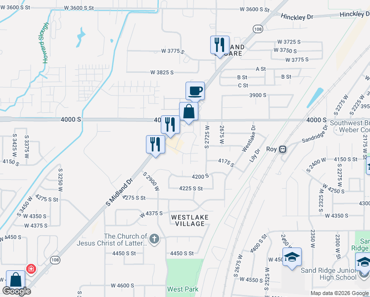 map of restaurants, bars, coffee shops, grocery stores, and more near in Roy