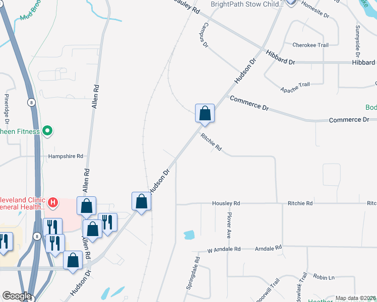 map of restaurants, bars, coffee shops, grocery stores, and more near 4491 Hudson Drive in Stow