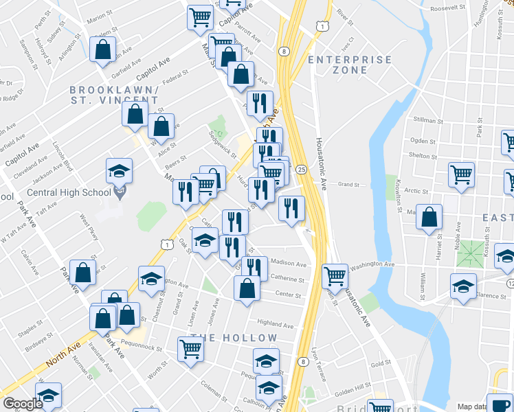 map of restaurants, bars, coffee shops, grocery stores, and more near 427 Grand Street in Bridgeport