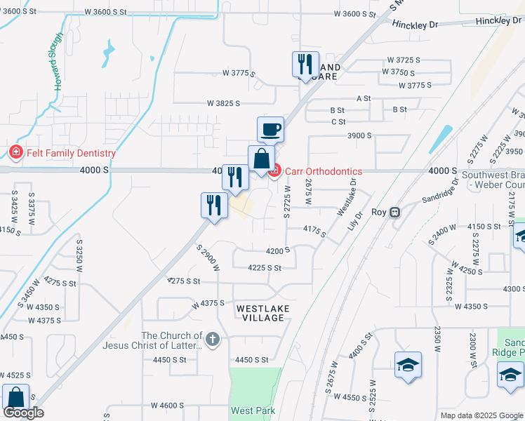 map of restaurants, bars, coffee shops, grocery stores, and more near 4147 South 2725 West in Roy