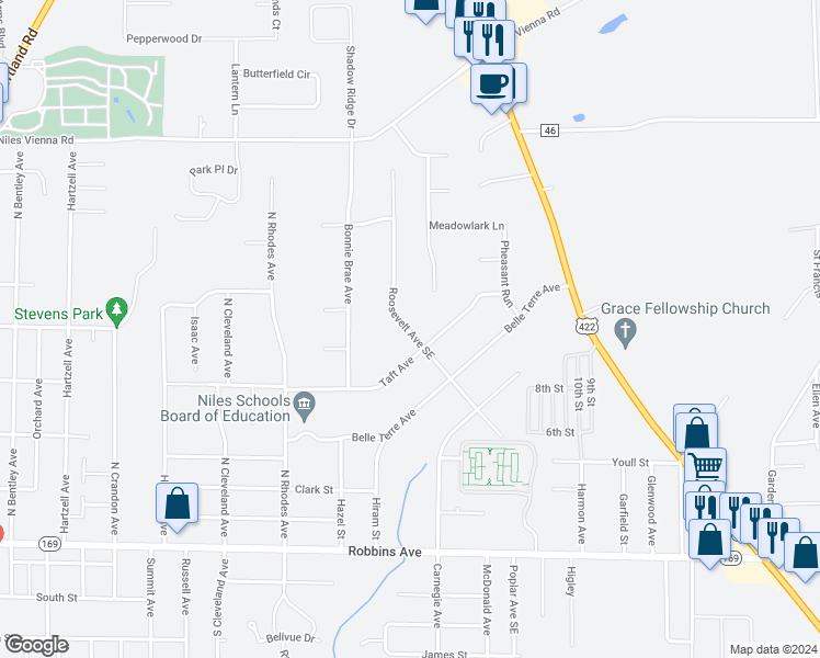 map of restaurants, bars, coffee shops, grocery stores, and more near 1770 Roosevelt Avenue Southeast in Niles