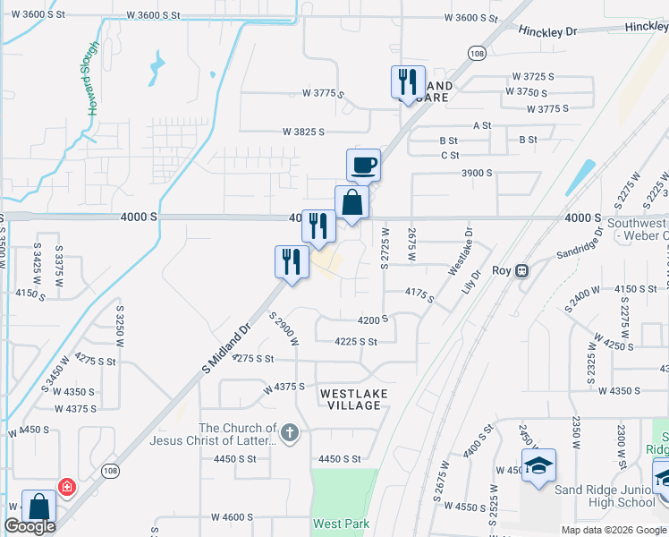 map of restaurants, bars, coffee shops, grocery stores, and more near 2848 West 4075 South in Roy