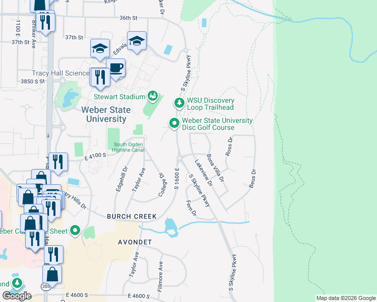 map of restaurants, bars, coffee shops, grocery stores, and more near 1638 Country Hills Drive in Ogden