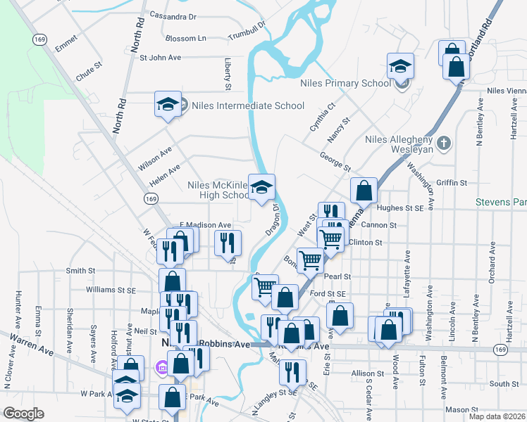 map of restaurants, bars, coffee shops, grocery stores, and more near 616 Dragon Drive in Niles