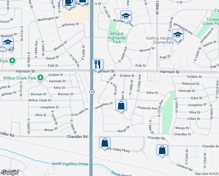 map of restaurants, bars, coffee shops, grocery stores, and more near 14111 Edna Circle in Omaha