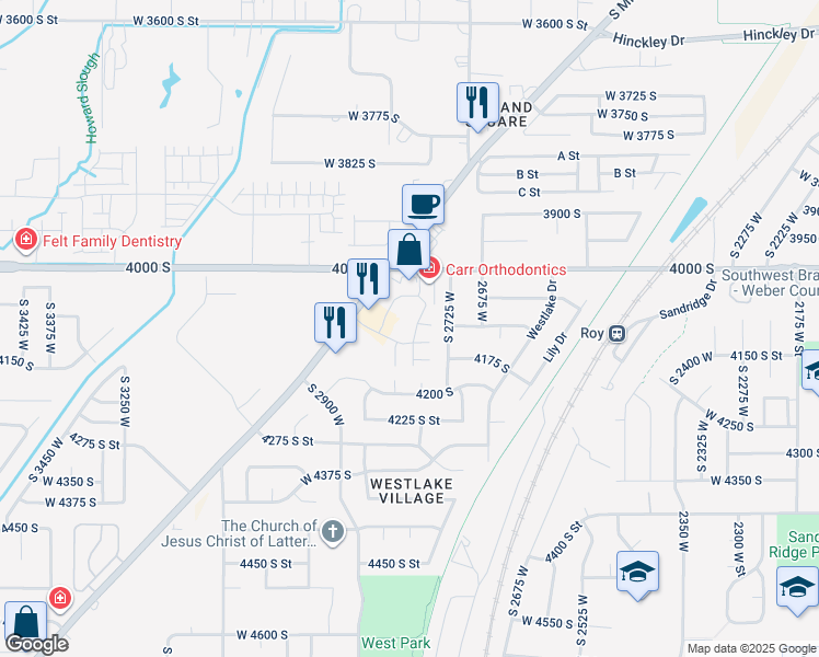 map of restaurants, bars, coffee shops, grocery stores, and more near 4147 South 2725 West in Roy
