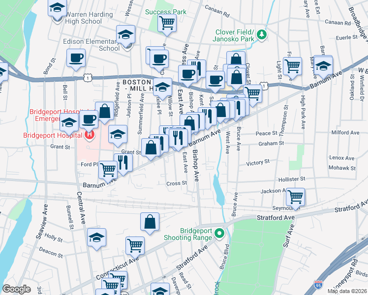 map of restaurants, bars, coffee shops, grocery stores, and more near 40 East Avenue in Bridgeport