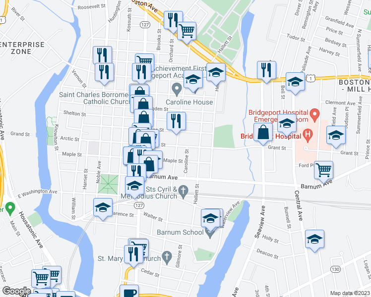 map of restaurants, bars, coffee shops, grocery stores, and more near 1048 Pembroke Street in Bridgeport