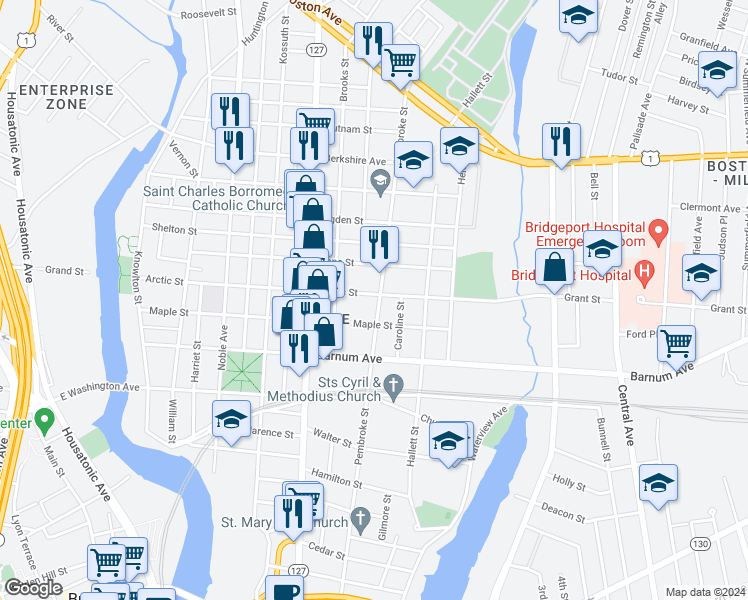 map of restaurants, bars, coffee shops, grocery stores, and more near 1048 Pembroke Street in Bridgeport