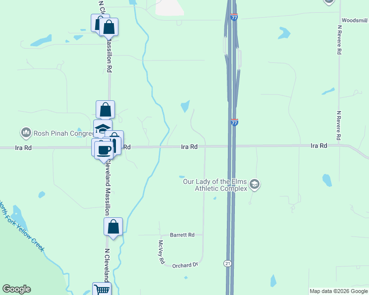 map of restaurants, bars, coffee shops, grocery stores, and more near 1879 North Cleveland Massillon Road in Akron