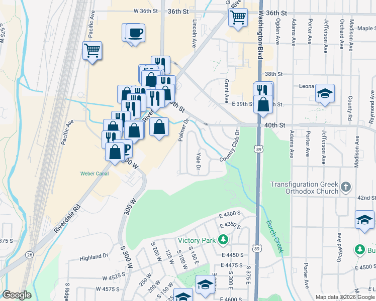 map of restaurants, bars, coffee shops, grocery stores, and more near 7 Yale Drive in Ogden