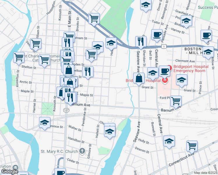 map of restaurants, bars, coffee shops, grocery stores, and more near 810 Arctic Street in Bridgeport