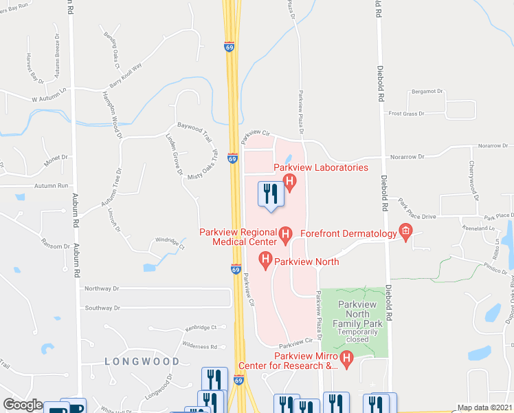 map of restaurants, bars, coffee shops, grocery stores, and more near 11130 Parkview Plaza Drive in Fort Wayne