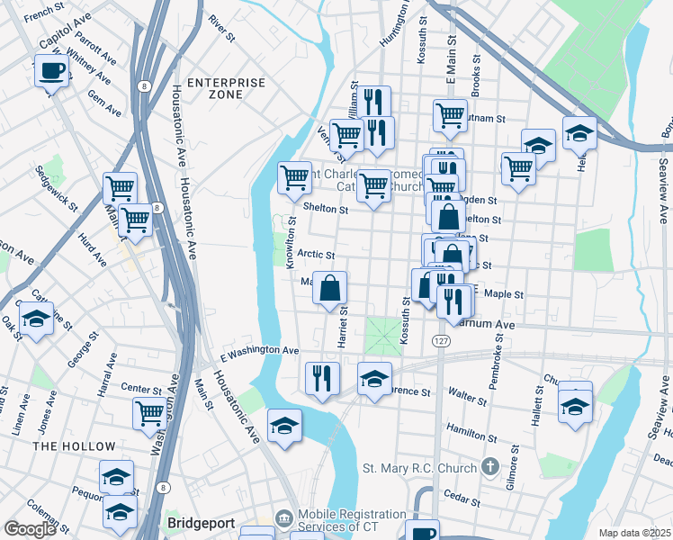 map of restaurants, bars, coffee shops, grocery stores, and more near 117 Maple Street in Bridgeport