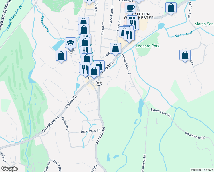 map of restaurants, bars, coffee shops, grocery stores, and more near 39 Timber Ridge in Mount Kisco