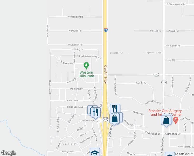 map of restaurants, bars, coffee shops, grocery stores, and more near 7502 Hilary Drive in Cheyenne