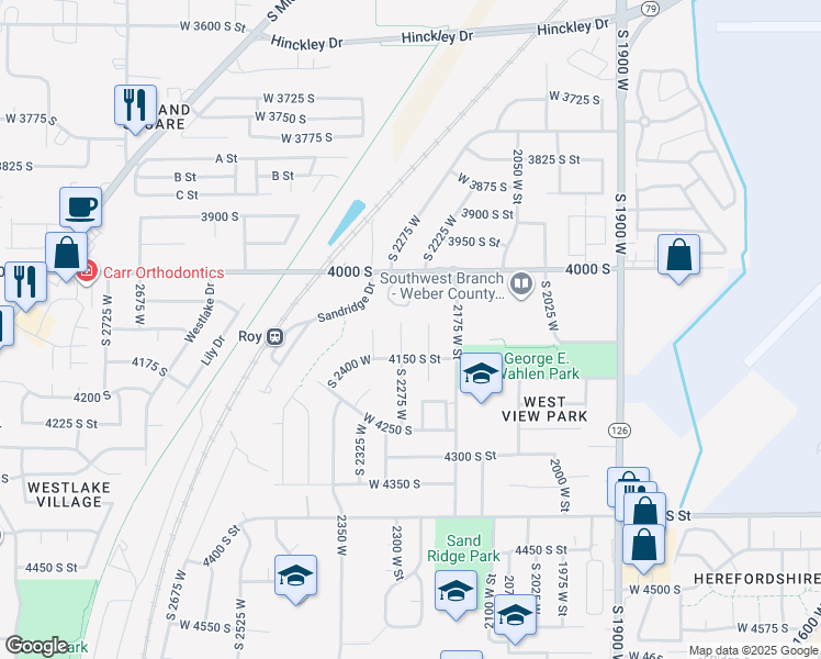 map of restaurants, bars, coffee shops, grocery stores, and more near 4110 South 2275 West in Roy