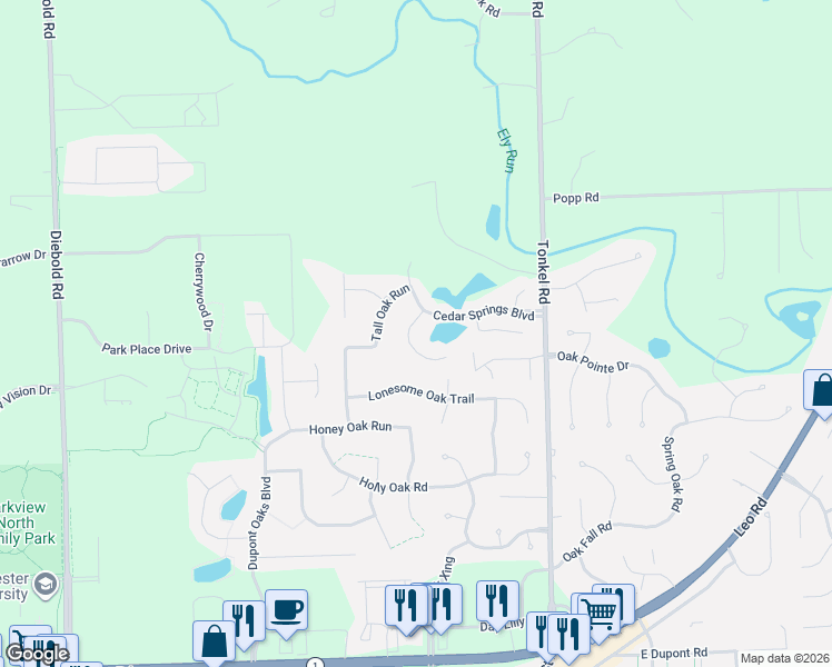 map of restaurants, bars, coffee shops, grocery stores, and more near 11331 Blue Sparrow Court in Fort Wayne