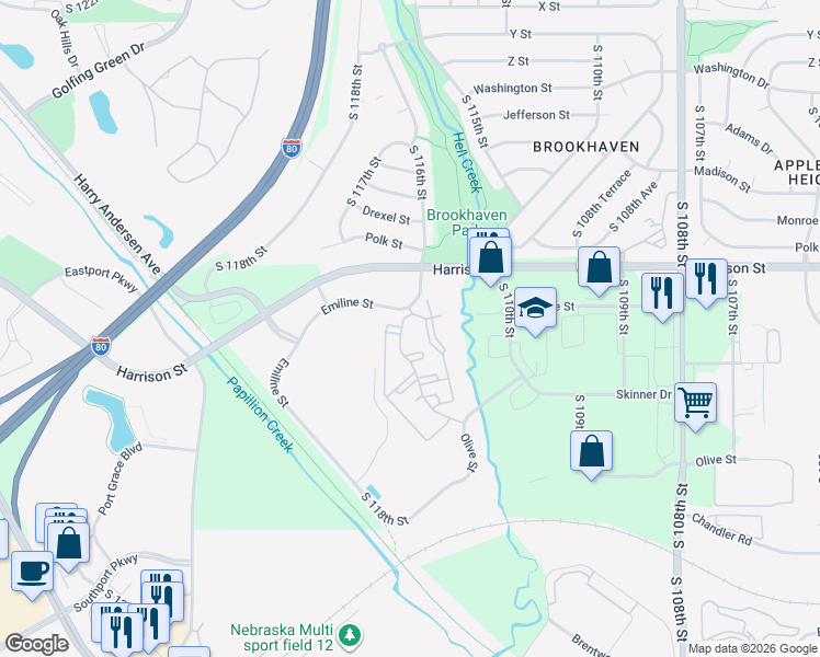 map of restaurants, bars, coffee shops, grocery stores, and more near 6925 South 115th Street Plaza in La Vista