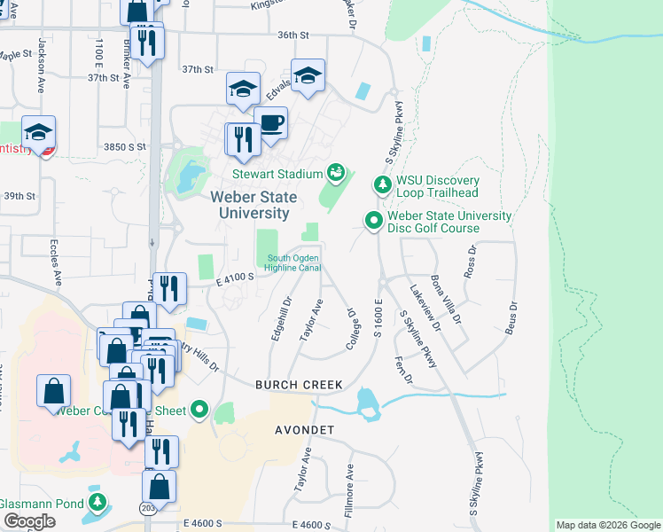 map of restaurants, bars, coffee shops, grocery stores, and more near 4107 East 4100 South in Ogden
