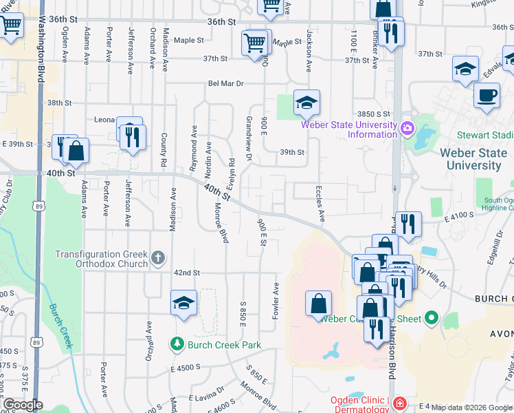 map of restaurants, bars, coffee shops, grocery stores, and more near 917E 4200 South in South Ogden