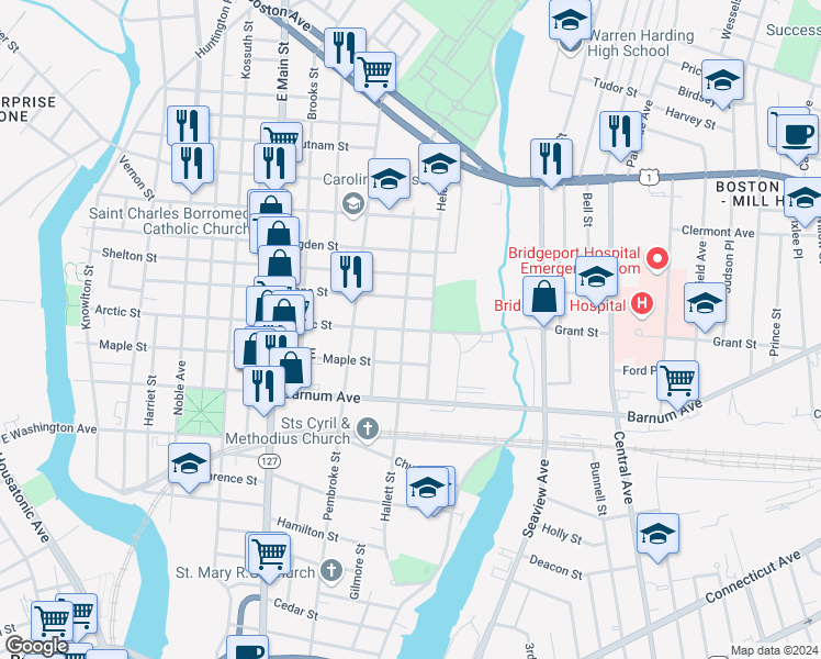 map of restaurants, bars, coffee shops, grocery stores, and more near 527 Hallett Street in Bridgeport