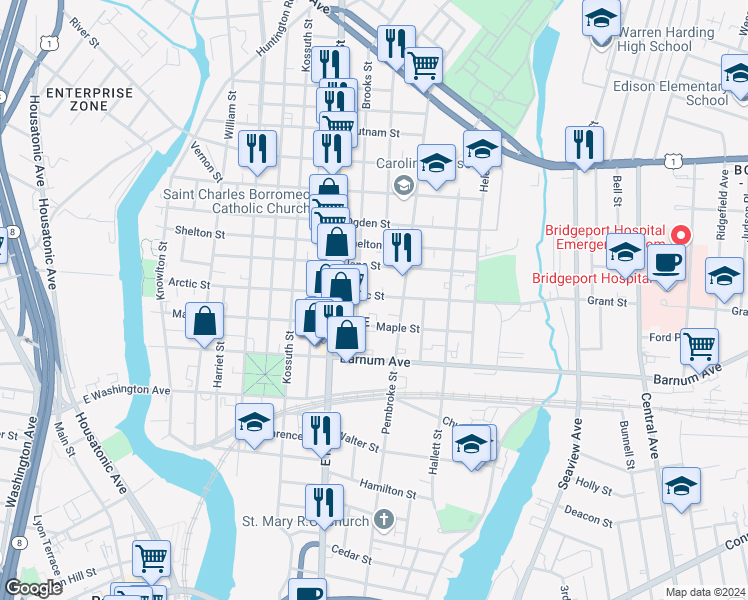 map of restaurants, bars, coffee shops, grocery stores, and more near 543 Maple Street in Bridgeport