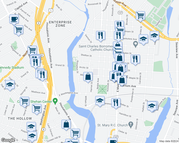 map of restaurants, bars, coffee shops, grocery stores, and more near 117 Maple Street in Bridgeport