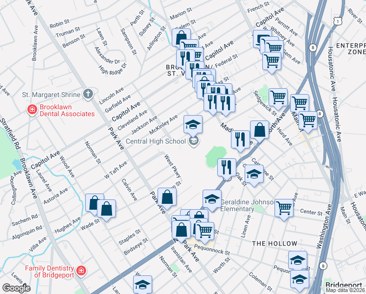 map of restaurants, bars, coffee shops, grocery stores, and more near 48-94 West Parkway in Bridgeport