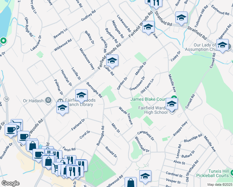 map of restaurants, bars, coffee shops, grocery stores, and more near 76 Garden Drive in Fairfield