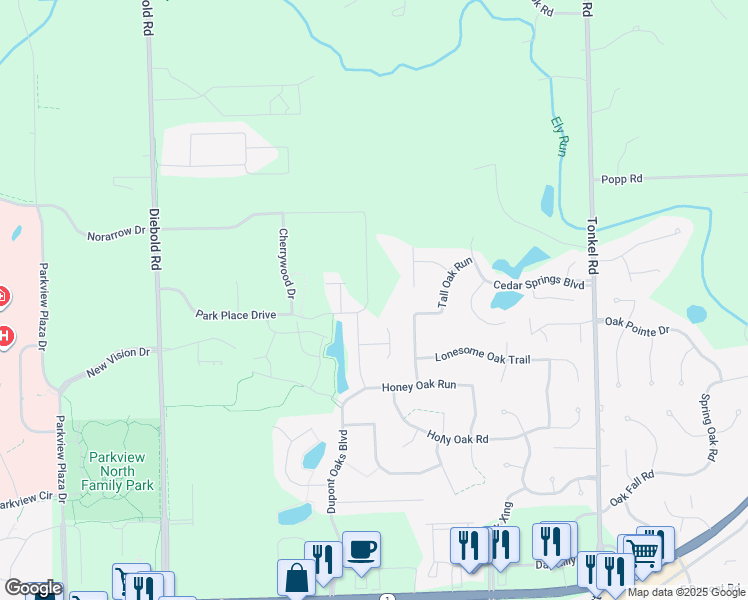 map of restaurants, bars, coffee shops, grocery stores, and more near Belleharbour Cove in Fort Wayne