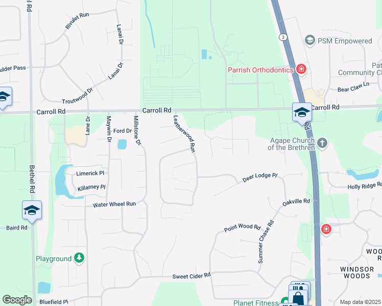 map of restaurants, bars, coffee shops, grocery stores, and more near 2424 Loganberry Cove in Fort Wayne