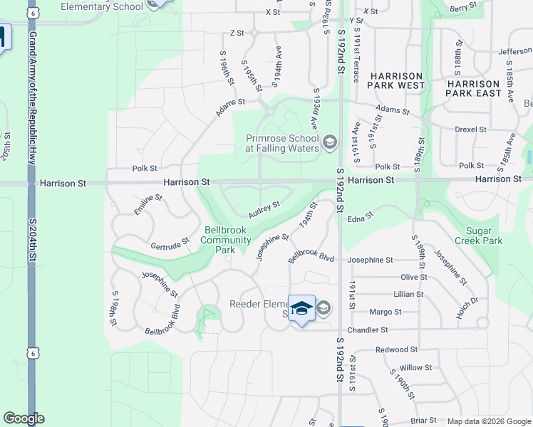 map of restaurants, bars, coffee shops, grocery stores, and more near 19505 Audrey Street in Gretna