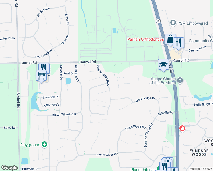 map of restaurants, bars, coffee shops, grocery stores, and more near 2424 Loganberry Cove in Fort Wayne