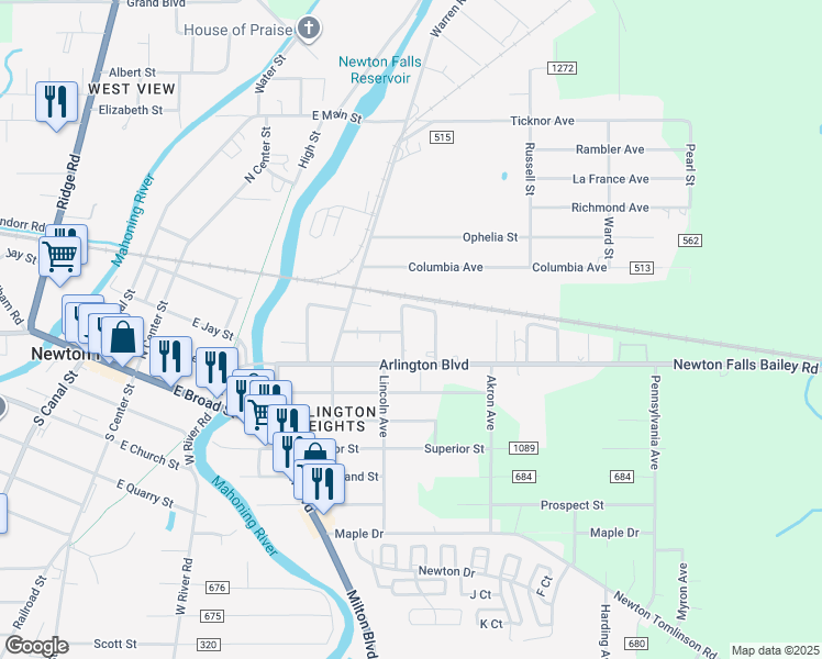 map of restaurants, bars, coffee shops, grocery stores, and more near 243 Marshall Street in Newton Falls
