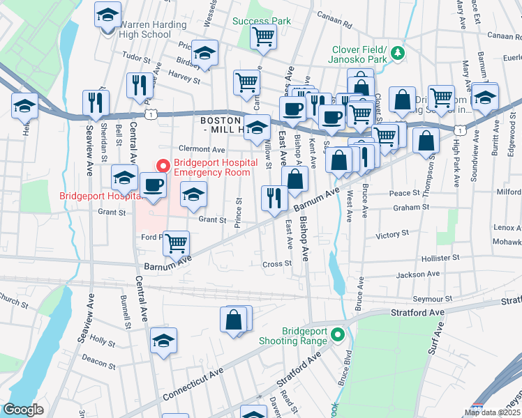 map of restaurants, bars, coffee shops, grocery stores, and more near 38 Pixlee Place in Bridgeport
