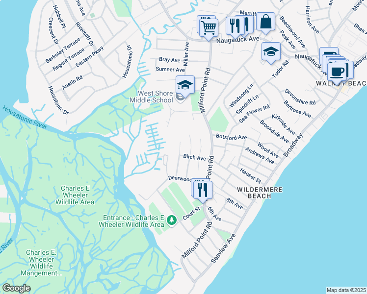 map of restaurants, bars, coffee shops, grocery stores, and more near 66 Birch Avenue in Milford