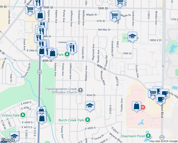 map of restaurants, bars, coffee shops, grocery stores, and more near 4065 Madison Avenue in Ogden