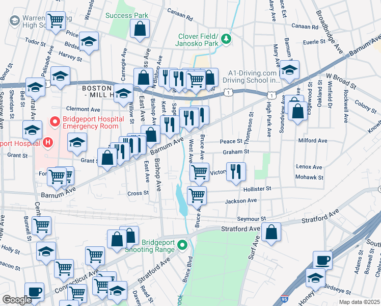 map of restaurants, bars, coffee shops, grocery stores, and more near 179-305 West Avenue in Stratford
