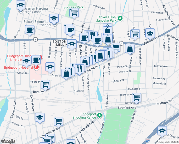 map of restaurants, bars, coffee shops, grocery stores, and more near in Bridgeport