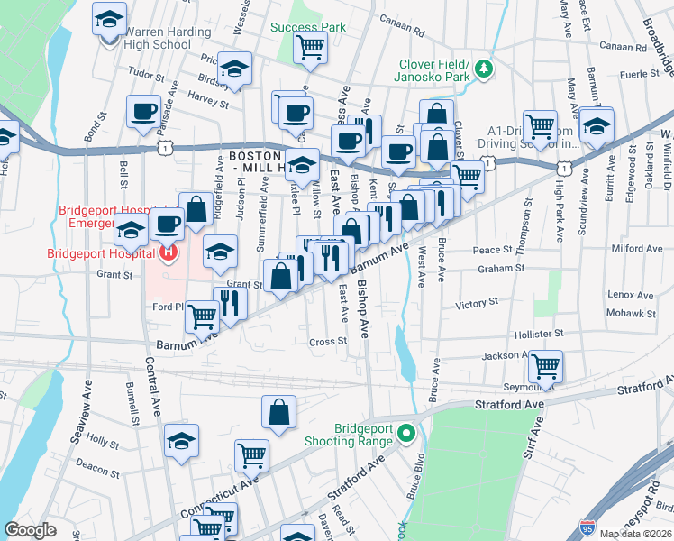map of restaurants, bars, coffee shops, grocery stores, and more near 40 East Avenue in Bridgeport