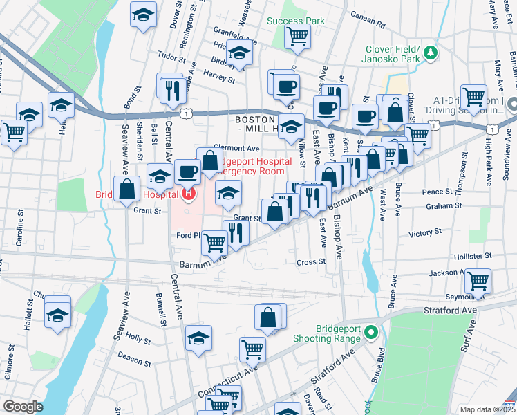 map of restaurants, bars, coffee shops, grocery stores, and more near 464 Grant Street in Bridgeport