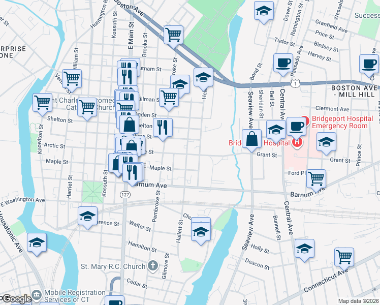 map of restaurants, bars, coffee shops, grocery stores, and more near 527 Hallett Street in Bridgeport