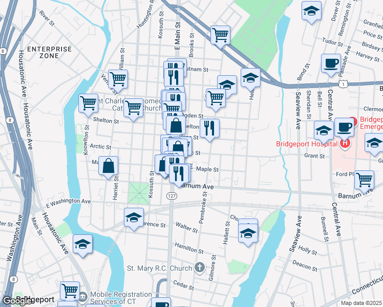 map of restaurants, bars, coffee shops, grocery stores, and more near 543 Maple Street in Bridgeport