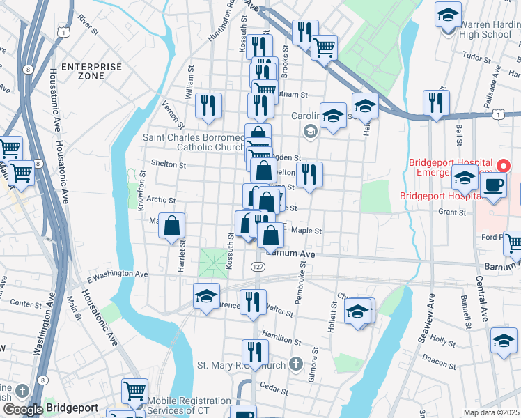 map of restaurants, bars, coffee shops, grocery stores, and more near 1002 East Main Street in Bridgeport